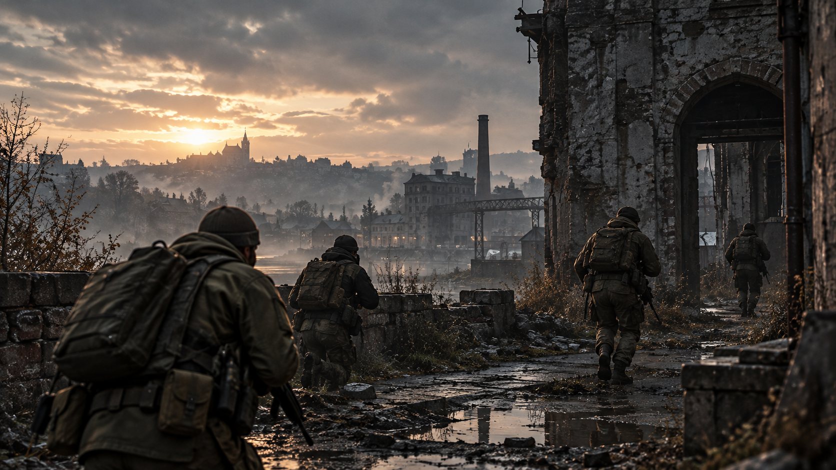 Concept art for In Contact: soldiers advance through a ruined town at dusk.