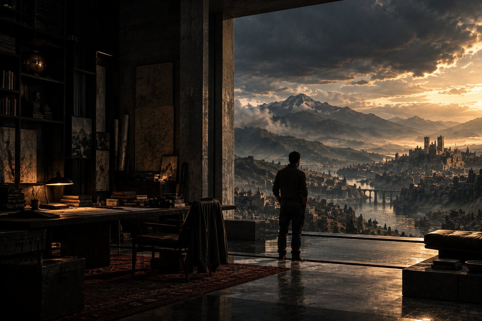 Concept art: a figure at a tall window looks out over a river city and mountains.